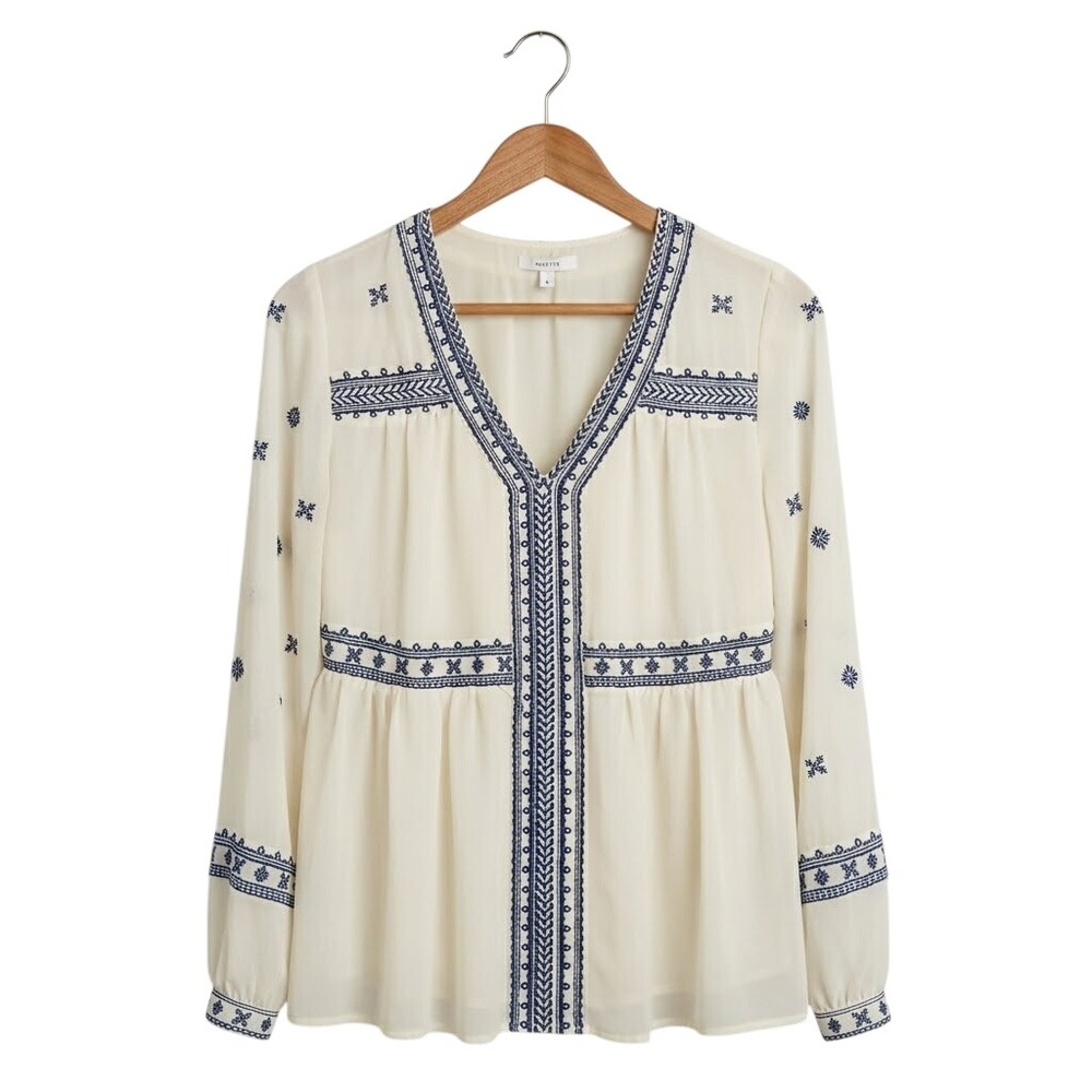 Stella & Dot MAETTE Cream Navy Blue Embroidered V-Neck Boho Peplum Blouse Small - Picture 2 of 7
